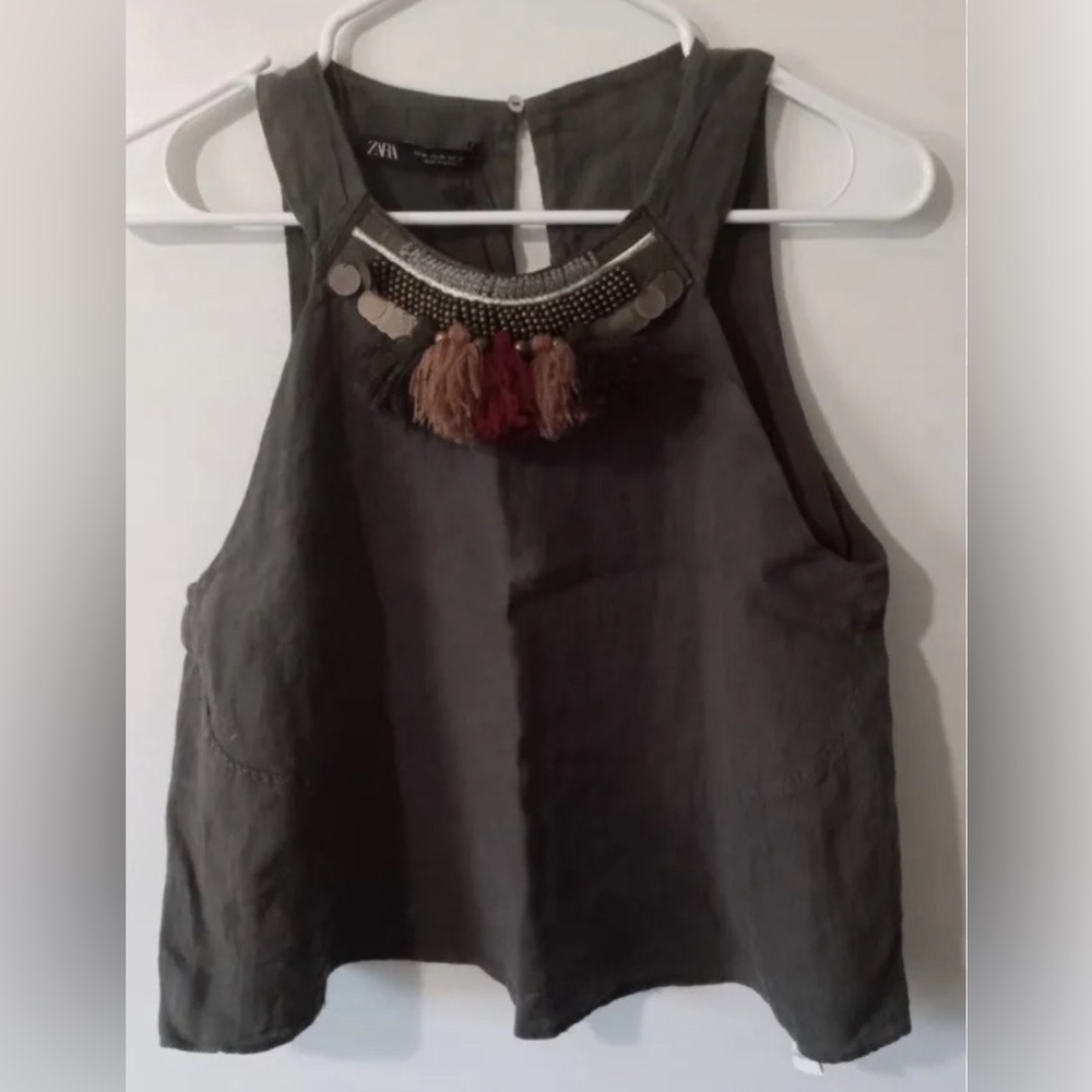 ZARA khaki green linen top with tassels appliqués size extra small - Picture 2 of 5